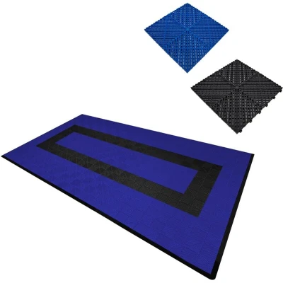 Image of Vented Modular Interlocking Flooring Tiles &amp; Edges 90 Blue 30 Black Single Garage Heavy Duty Floor Mat Showroom Workshop Outdoor Polypropylene Anti Slip Weather Resistant Drainage 3.2m x 6m 19.2m2