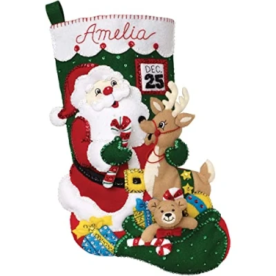 Image of Bucilla Felt Applique Christmas Stocking Kit, Santa and Friends 18&quot; Making Perfect for DIY Holiday Needlepoint Arts Crafts, 89330E