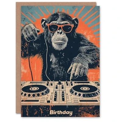 Image of Artery8 Birthday Card Retro DJ Decks Chimp Sunglasses Ape For Him Man Male Dad Brother Son Papa Grandad Greeting