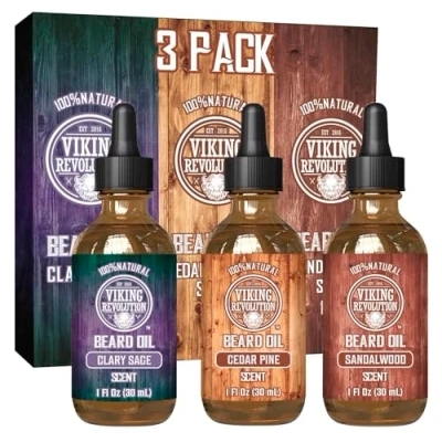 Image of Viking Revolution Beard Oil All Natural Variety For Men With Argan &amp; Jojoba Oils Sandalwood, Cedar Pine, Clary Sage Softens, Smooths Strengthens Gifts 3 Pack, x 30 ml