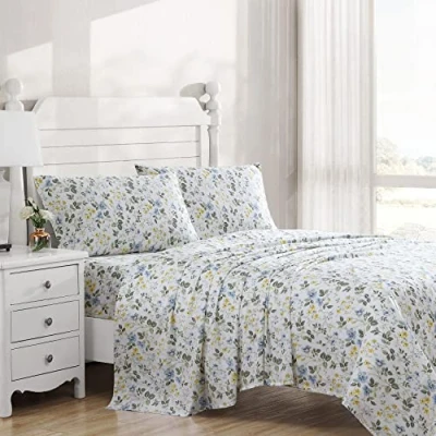 Image of Laura Ashley Home Queen Sheets, Soft Sateen Cotton Bedding Set Sleek, Smooth, &amp; Breathable Decor (Meadow Floral Blue,4pcs, Queen)
