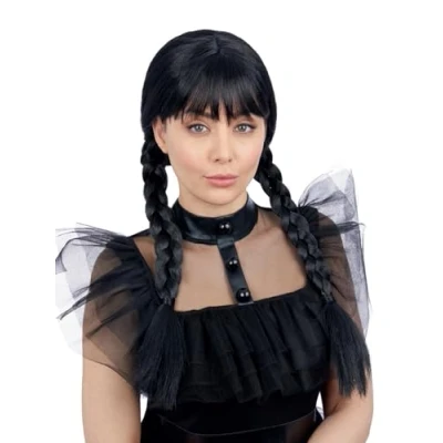 Image of Smiffys Adult Gothic School Girl Wig with Plaits &amp; Fringe, Halloween Fancy Dress Accessory, Schoolgirl Up Wigs