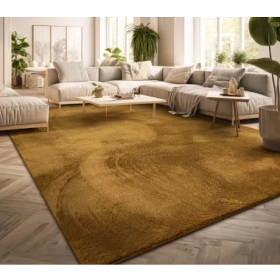 Image of TT Home Large Rug Short Pile Monochrome Modern Design Washable Yellow Gold, colour: Dark Mustard, Size:80 cm round