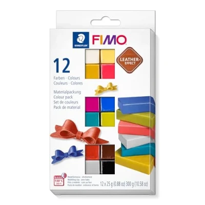 Image of STAEDTLER 8013 C12 2 FIMO Leather Effect Oven Hardening Modelling Clay Assorted Colours (Pack of 12 x 25 g Half Blocks)