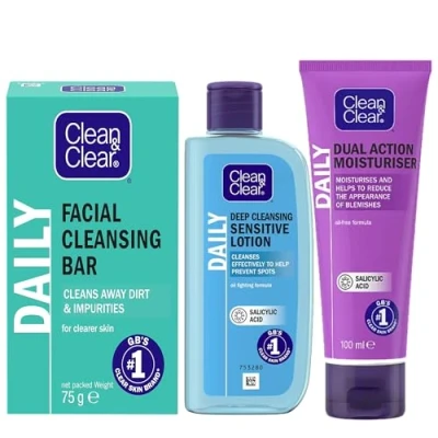 Image of Clean &amp; Clear Three Skin Steps Bundle Facial Cleansing Bar Deep Sensitive Lotion Dual Action Moisturiser Daily Use 3 Pack