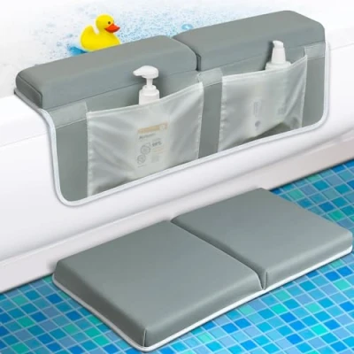 Image of WeZest Bath Kneeler with Elbow Rest Pad Set,Anti Skid Kneeling and Support for Baby Bathing Time. Bathtub Cushion Mats Storage Bag Quick Drying Bathroom