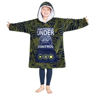 Image of CityComfort Fleece Hoodie Blanket for Kids and Teenagers Football One Size Oversized with Sherpa Lined Hood Gaming Gifts (Navy/Yellow)