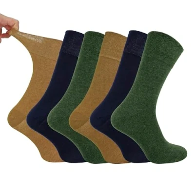 Image of IOMI Footnurse Mens 6 Pairs Cotton Non Elastic Diabetic Socks With Honeycomb Top (UK, Numeric, 6, 11, Regular, Ochre/Navy Blue/Green Khaki)