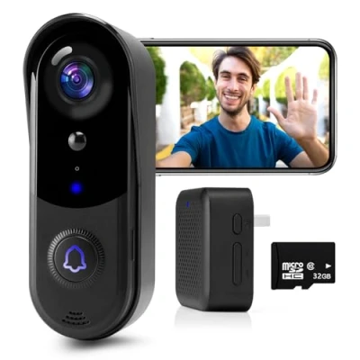 Image of PEKNIU Doorbell Camera Wireless,NO Monthly Fee,with 32GB Memory Card, 2 Way Audio,Night Vision,Motion Detection,Alert,2.4G WiFi