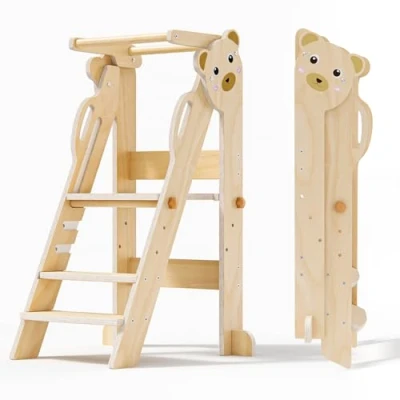 Image of Helangel Foldable Toddler Tower,Learning Tower with Adjustable Height,Mothers&#039; Helper Montessori Learning Step Ladder Durable and Safe Design for 18 Month 6Years 41 x 46.5 91.5cm