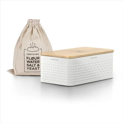 Image of LARS NYSØM Bread bin I Metal box with linen bag for long lasting freshness bamboo lid usable as cutting board 13.4x7.3x5.3 In (Pure White)