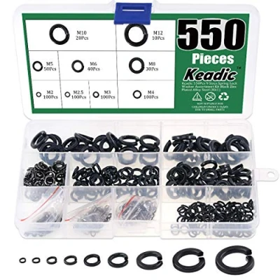 Image of Keadic 550Pcs Spring Lock Washer Assortment Kit Black Zinc Plated Alloy Steel, 9 Sizes M2 M2.5 M3 M4 M5 M6 M8 M10 M12
