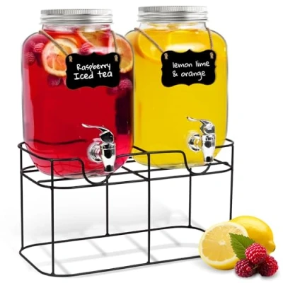 Image of HEFTMAN Glass Drink Dispenser with Tap 2 x 4 Litre Mason Jar Leakproof &amp; Metal Wire Stand Drinks Dispenser, Cocktails, Empty Beverage