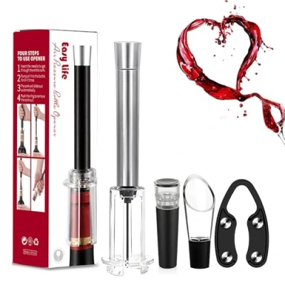 Image of MIRACLEW Wine Opener Air Pump Cork Remover Bottle Set, Miracle With Foil Cutter,Aerator Pourer,Vacuum Stopper(4PCS), Efficient Manual Wino on The Go Opening Set (Silver)