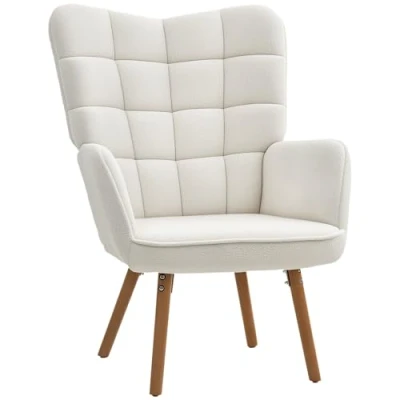Image of HOMCOM Modern Accent Chair, Upholstered Tufted Wingback Armchair with Seat Padding, Leisure Lounge Bedroom Chair Wood Legs, Cream White