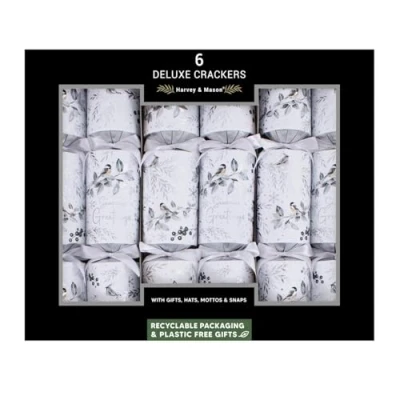 Image of Harvey &amp; Mason 6 Winter Birds Christmas Crackers Deluxe White Mistletoe Robin Xmas Party Celebration