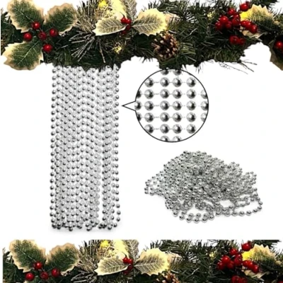Image of 10m Christmas Bead Garland, Luxury Tree &amp; Room Decoration, 8mm Beads, Long Decoration Chain. (Silver)