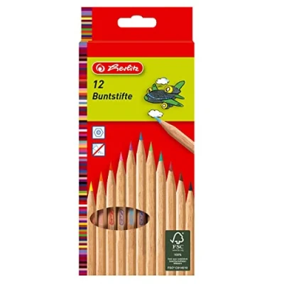 Image of Herlitz FSC Wood 10 Jumbo Colouring Pencils Varnished in Hanging Box Pieces Colours 12 Colour Natural