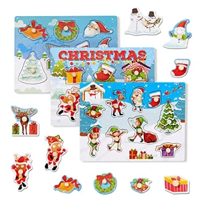 Image of The Twiddlers 3 Wooden Christmas Peg Puzzles for Kids in Cute Santa Reindeer Elf Xmas Tree Festive Designs Childrens Party Gift Toy 30cm x 22cm