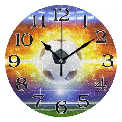 Image of linomo Football Soccer Ball Sport Wall Clock Decor, Silent Non Ticking Round Quiet for Kitchen Living Room Bedroom Bathroom Office