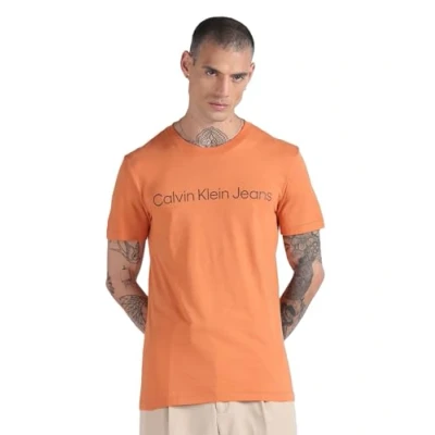 Image of Calvin Klein Jeans Men&#039;s INSTITUTIONAL Logo Slim TEE J30J322344 S/S T Shirts, Orange (Burnt Clay/Dark Chestnut), XXL