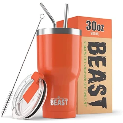 Image of Beast Tumbler 900 ml (30 oz), Orange Reusable Stainless Steel, Vacuum Insulated Cup with + 2 Straws &amp; Cleaning Brush Double Wall Travel Flask Perfect for Hot or Iced Coffee BPA Free