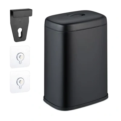 Image of Relaxdays Hanging Kitchen Waste Bin, Vol. 5 L, Rubbish Container with Lid, Plastic, Dustbin, 29 x 21.5 16.5 cm, Black, Iron