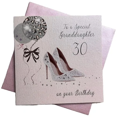 Image of WHITE COTTON CARDS Glitter Ball and Shoe 30 to A Special Granddaughter Handmade 30th Birthday Card, White, PD30GD,16cm x 16cm