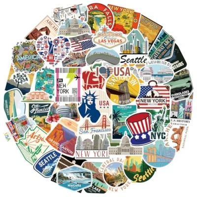 Image of USA Stickers 50 pcs, America Travel for Scrapbook Notebook Suitcase Bicycle Helmet