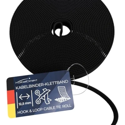 Image of KabelDirekt Hook and Loop Cable Ties 5 m x 12.5 mm Environmentally Friendly tie roll, Individually cuttable &amp; Reusable (Cable Protecting Black)