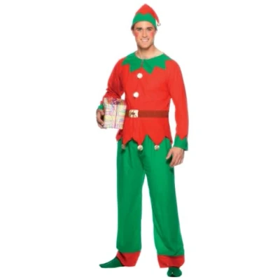 Image of Smiffys Elf Costume, Red &amp; Green with Top, Trousers Hat, Christmas Adult Fancy Dress, Dress Up Costumes