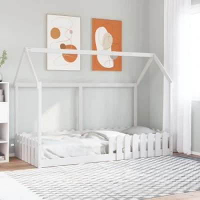 Image of vidaXL Kids&#039; House Bed Frame/Toddler Base Solid Pinewood, White, 90x200 cm with Side Rails and Storage Space