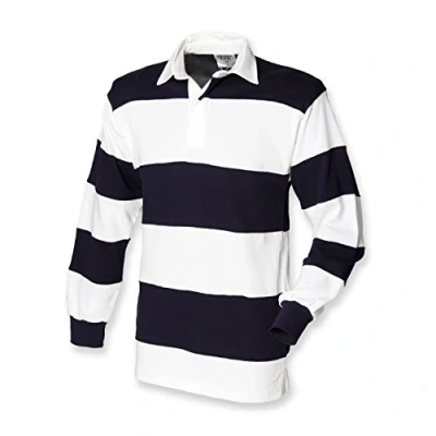 Image of Front Row Hooped Long Sleeve Rugby Shirt in White / Navy Size XXL