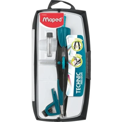 Image of Maped Technical Drawing Compass Precision System Box with 3 Pieces Large Mustache Includes 1 Universal Clamp and Lead Case Made of Metal, Assorted Model