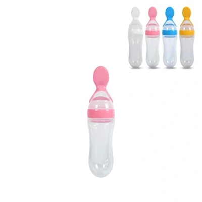 Image of Baby Feeder Bottle,1Pc 90ml Silicone Feeding Bottle BPA Free for Infant Newborn Toddler, Squeeze Style Cereal Rice Fruit Dispenser with Spoon and Hygienic Cover, Teething Pacifier (Pink)