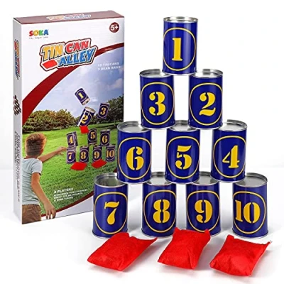Image of SOKA Tin Can Alley Game 10 Metal Tins &amp; 3 Bean Bags Indoor Outdoor Party Garden Games Activities for Kids Adults Birthday Christmas Easter Family Fun Children Boys Girls Gift