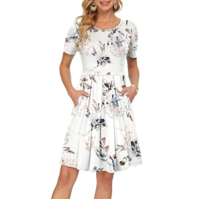 Image of AUSELILY Summer Dresses for Women Casual Floral Short Sleeve Pleated Loose Swing with Pockets Knee Length White Flowers M