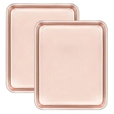 Image of Cyimi Baking Trays, Non Stick Trays Set of 2, Oven Stick, Roasting Tray Heavy Duty Carbon Steel Toxic Sheet for Kitchen, Gold(27.9x22.9x2.5 cm)