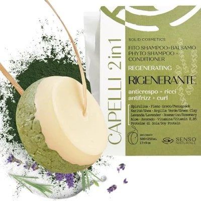 Image of Senso Naturale Solid shampoo for curly hair, regenerating, ecological and vegan, wavy split ends, based on spirulina, 100% natural plastic free, pH 4.5 5.0