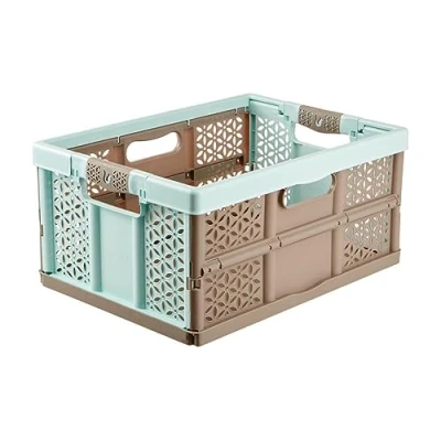 Image of keeeper Extra Strong Folding Box with Soft Touch Handles, 48.5 x 35 23.5 cm, 32 Litre, Lea, Aquamarine/Taupe
