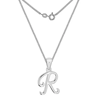 Image of Tuscany Silver Women&#039;s Sterling Rhodium Plated Diamond Initial &#039;R&#039; Pendant on Curb Chain of 46cm/18&quot;
