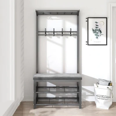 Image of KIYIYDMM Coat Rack with Shoe Storage Hall Tree Industrial Entrance Bench, Freestanding Hooks for Small Apartment Entryway