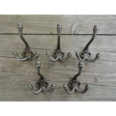 Image of SET OF 5 CLASSIC ANTIQUE STYLE 1883 TRIPLE COAT HOOK CAST IRON HOOKS HAT RACK