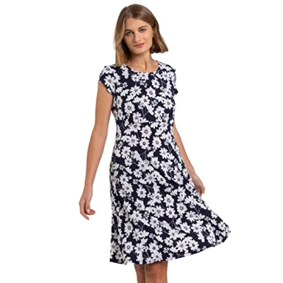 Image of Roman Originals Women Floral Puff Print Tea Dress Ladies Spring Everyday Summer Evening Vacation Work Holiday Short Sleeve Smart Casual Navy Size 20
