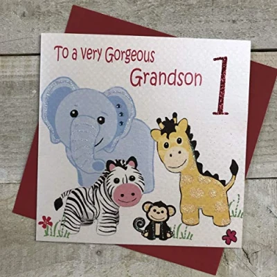 Image of White Cotton Cards &quot;To a Very Gorgeous Grandson 1, Safari Animals Handmade 1st Birthday Card, GL248
