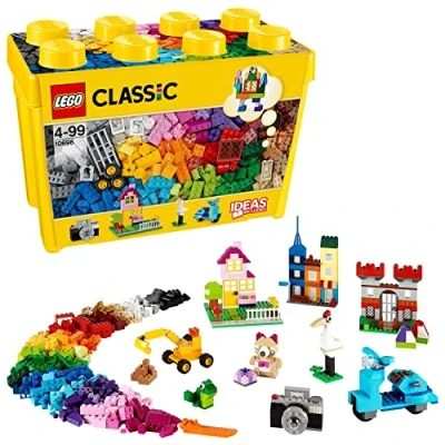 Image of LEGO Classic Large Creative Brick Storage Box Set, Building Toys for 4 Plus Year Old Kids, Boys &amp; Girls, Construction Toy with Windows, Doors, Wheels and Green Baseplate 10698