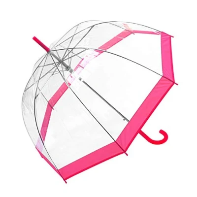 Image of Susino Women&#039;s Transparent Dome umbrella with Automatic Opening System, Wide Protection Diameter 100 cm, Windproof, Pink Border, and pink, cane