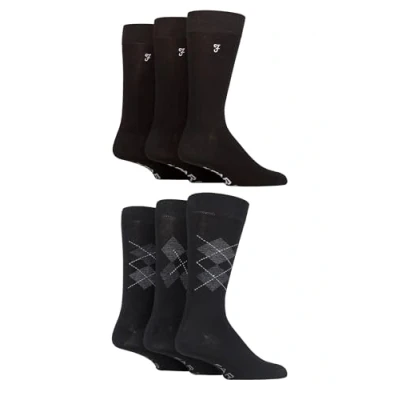Image of Farah Mens Patterned Bamboo Socks Plain, Argyle for Everyday Wear, Suit Socks, Soft Breathable Cooling, 6 Pair Multipack Size 11 Black Grey