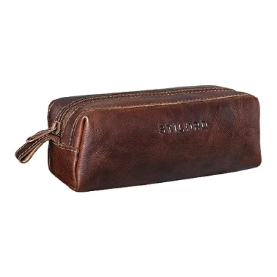 Image of STILORD &#039;Linus&#039; Pencil Case Leather Pen Pouch Office University College Women Men Stationary Vintage Leather, Colour:Florida Brown