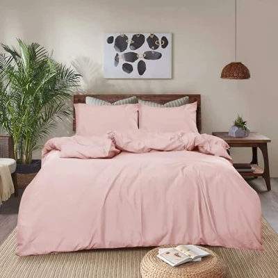Image of REHAN &amp; CO Single Duvet Cover Sets Soft Brushed Microfiber Bedding Plain Quilt With Pillow Cases (Blush)